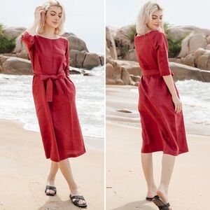 Hannah Canvas Linen Midi Dress Berry L Pockets Tie Waist NWOT Lagenlook Casual